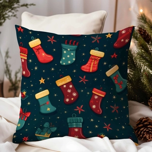 Detail of Christmas stocking pattern pillowcase with festive pine cones and warm fairy lights