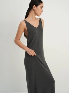 Detailed texture of dark grey sleeveless V-neck knit dress with wide shoulder straps