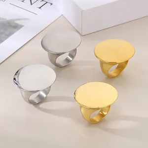 Minimalist Large Round Oval Flat Surface Ring 316L Stainless Steel Chic Polished Brushed Band Jewelry For Women