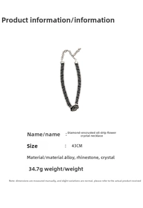 Detailed specs of black rose crystal necklace showing length 43cm and alloy material