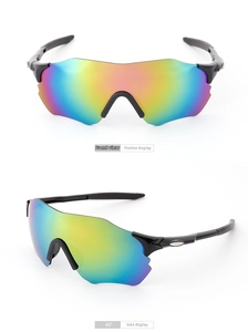Close-up of sporty rimless sunglasses with colorful iridescent lenses and black matte temples