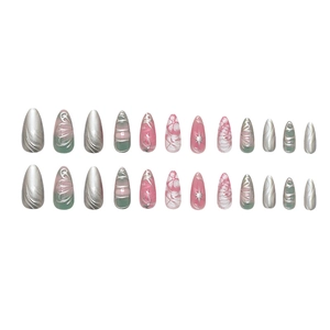 Silver butterfly press-on nails with 3D ripples and pink marble patterns in long almond shape