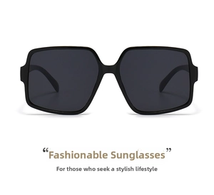 Front view of large irregular oversized sunglasses with black thick frames and dark lenses