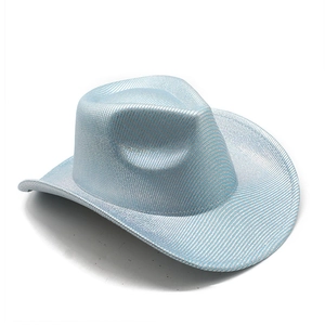 Close-up of light blue western cowboy hat featuring laser glossy woven texture and wide brim