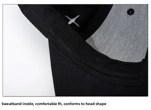 Close-up of black baseball cap interior with moisture-wicking sweatband and white stitching
