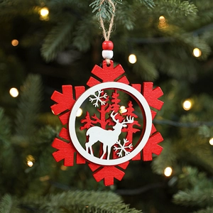 Wooden snowflake ornament with deer and pine forest silhouette for Christmas tree decor
