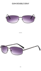 Macro view of gun-gray metal sunglasses with purple gradient lenses and nose pads detail