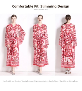 Détail de la robe longue vintage rouge et blanche à col en V, ceinture nouée et manches chauve-souris