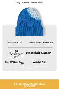 Detail of blue and white ombre cable knit beanie with cotton material specs and dimensions