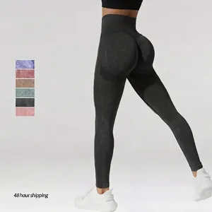 High Waist Yoga Pants Seamless Knit Scrunch Butt Acid Wash Tummy Control Workout Gym Leggings For Women