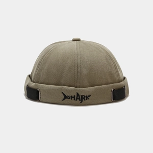 Khaki canvas docker hat with shark embroidery and adjustable metal side strap
