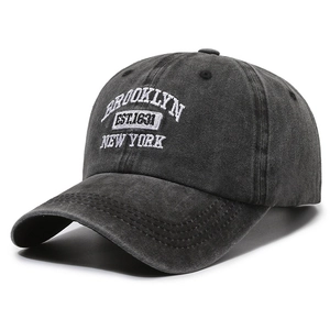Unisex dark grey washed cotton baseball cap with Brooklyn New York white embroidery