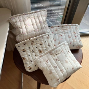 Quilted Cotton Makeup Bag Cartoon Animal Print Soft Zipper Toiletry Storage Pouch Handheld Organizer Clutch