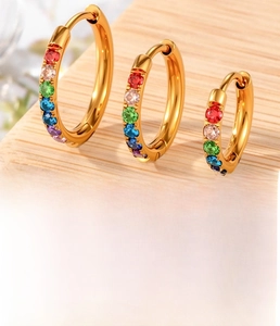 Detailed size chart of gold titanium steel hoop earrings with multi-color stones in 8, 10, 12mm