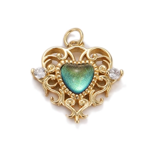 Golden heart pendant with green-to-blue gradient gemstone and sparkling zircon accents