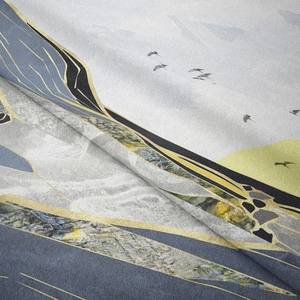 Close-up of modern abstract mountain tapestry showing soft fabric texture and bird details