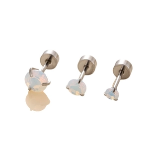 Three sizes of opal titanium steel stud earrings with four-prong settings and flat backs