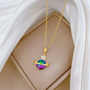 Titanium gold galaxy necklace with colorful planet pendant and diamond star accent