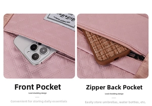 Detailed view of pink quilted yoga bag with front pocket and zippered back compartment