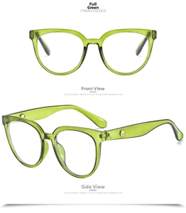 Detail view showing front and side profile of green jelly cat-eye glasses frames