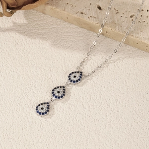 S925 sterling silver Y-shaped necklace with three blue evil eye teardrop pendants