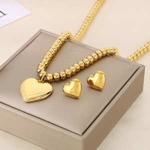 Luxury gold stainless steel 3D heart necklace and stud earrings jewelry set for women