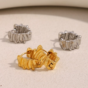 Stainless Steel Hoop Earrings 18K Gold Plated Folded Texture Geometric Crinkle Lava Design Retro For Women Jewelry