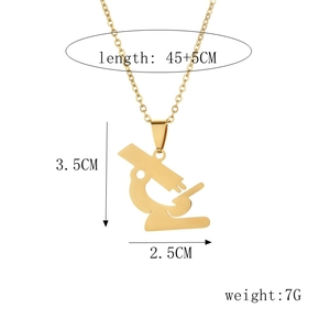 Golden microscope pendant necklace with detailed dimensions 3.5x2.5cm and 45+5cm chain