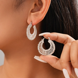 Silver woven mesh hoop earrings in 18k gold plated retro metal style for women