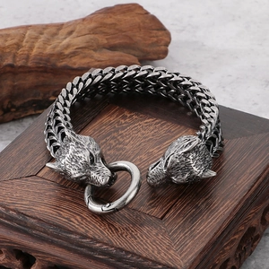 Vintage silver viking wolf head bracelet for men in heavy punk style steel metal