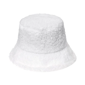 White thick plush lamb wool bucket hat for winter warmth with soft faux fur texture