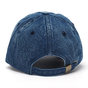 Rear view of washed denim baseball cap featuring metal buckle and distressed fabric detail