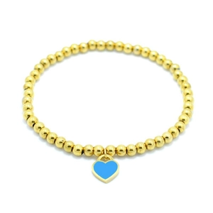 Golden 4mm beaded stainless steel bracelet featuring a light blue enamel heart charm