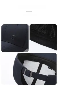 Detail of navy baseball cap featuring Spirit 3D embroidery and adjustable metal buckle
