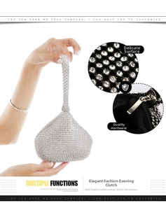 Macro detail of silver teardrop evening clutch bag with sparkling rhinestone surface