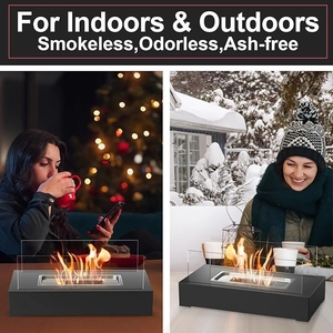 Black rectangular tabletop fire pit with glass panels for indoor and outdoor use