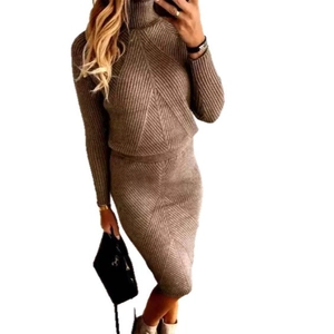 Women's brown turtleneck knit two-piece set featuring long sleeve sweater and midi skirt