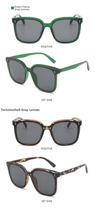 Close-up of oversized sunglasses in transparent green and tortoiseshell with metal rivets