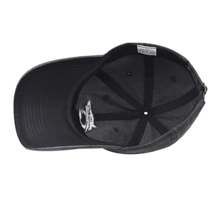 Detail view of cotton baseball cap interior featuring embroidery and metal buckle