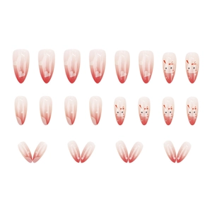 Cute pink gradient press-on nails with hand-painted rabbit and heart patterns