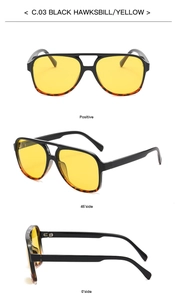 Three-angle view of oversized pilot polarized sunglasses with yellow lenses and black frames