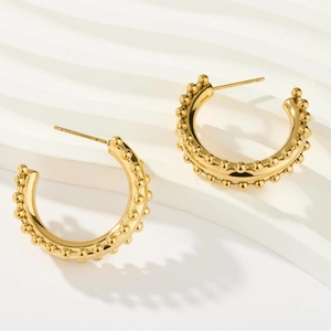 Chic gold-toned titanium steel C-hoop earrings featuring triple-row beaded texture