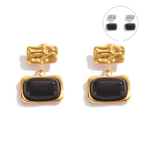 Vintage gold and silver pleated earrings with black glass rectangles for women