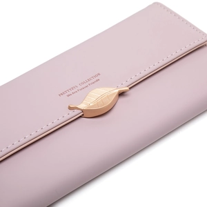 Lange PU-Leder Geldbörse für Damen mit elegantem goldenem Blattverschluss in sanftem Lila