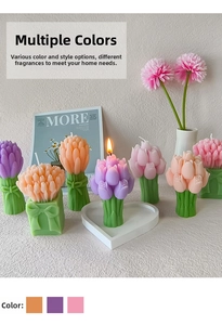 Close-up of tulip bouquet scented candles in various colors on a white heart-shaped tray
