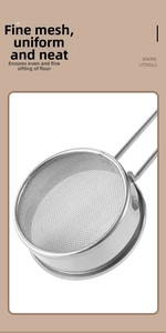 Detail view of 304 stainless steel fine mesh flour sifter with a long ergonomic handle
