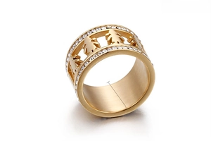 Detailed view of wide 13mm gold ring with hollow figurines and double-row stones