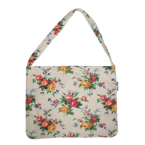 Floral canvas shoulder bag with vintage red flower prints on beige background