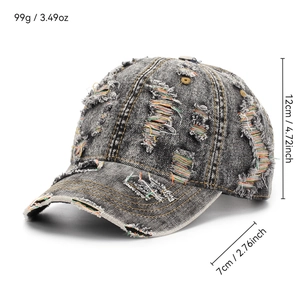 Distressed vintage black denim baseball cap with colorful stitching and a curved brim