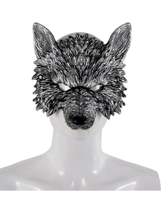Detailed close-up of 3D wolf half mask with silver-black texture and metallic finish